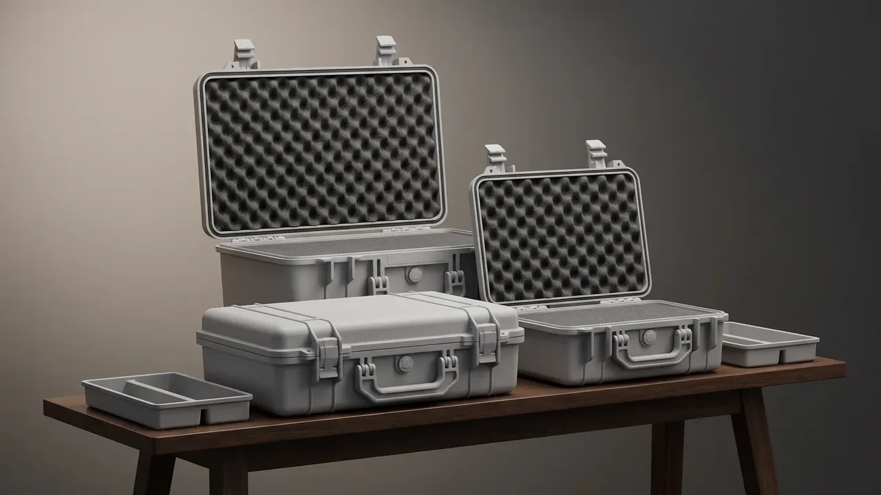Reusable shipping and storage container: four light grey cases on a dark wood table, two lids open with egg-crate foam, two grey trays beside
