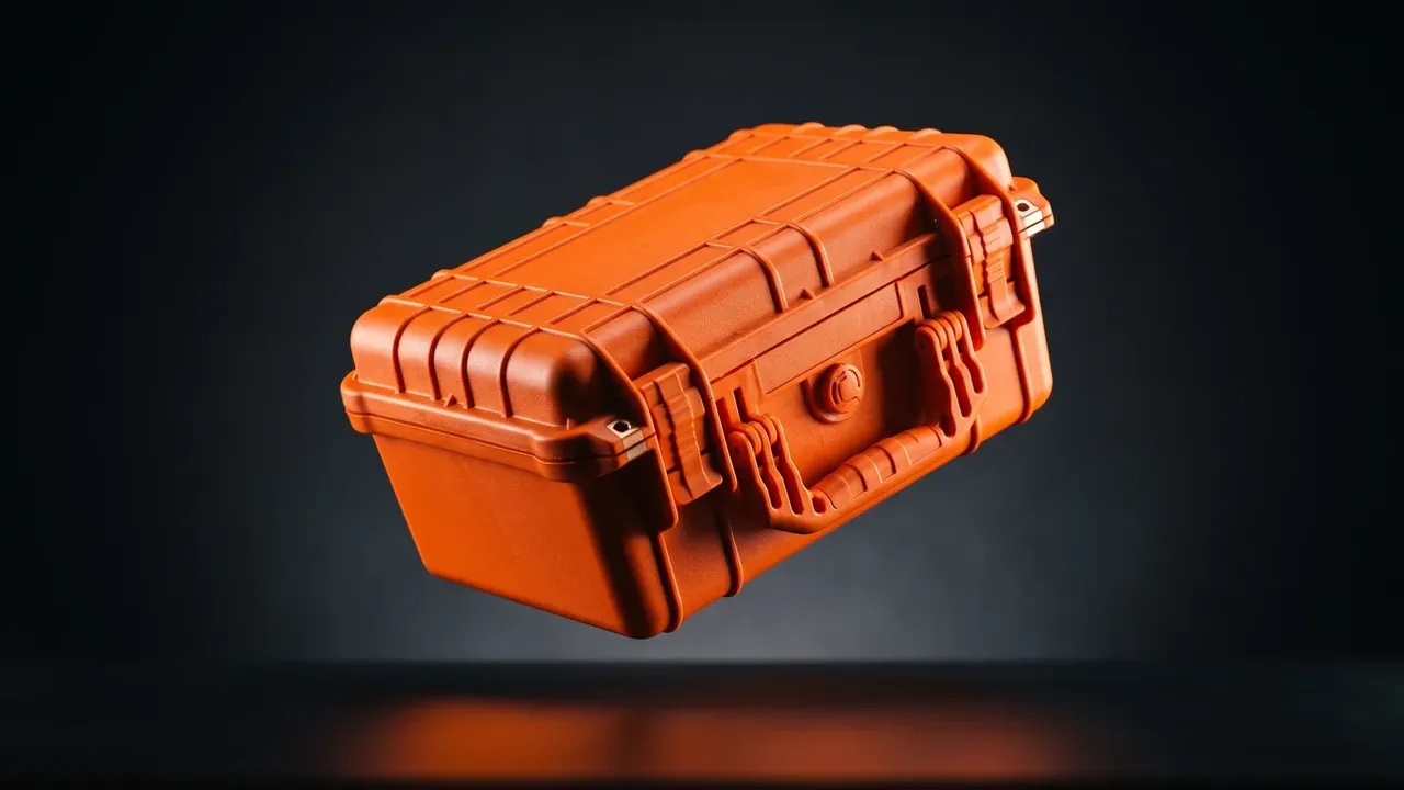 Reusable Shipping and Storage Container: an orange case tilted against a dark backdrop, ribbed lid, two side latches and a round pressure knob