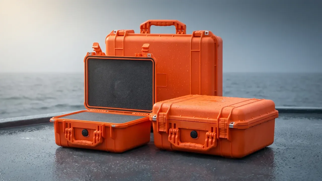 Reusable Shipping and Storage Container: three orange cases on a wet deck, one closed upright, one open with black foam, one lying flat