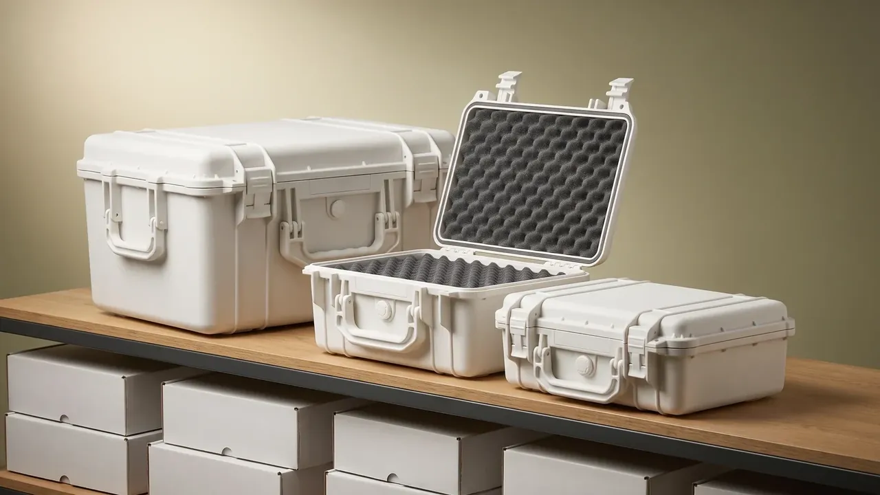 Reusable Shipping and Storage Container: three ivory cases on a wooden bench, the middle one open with black egg-crate foam, cartons below