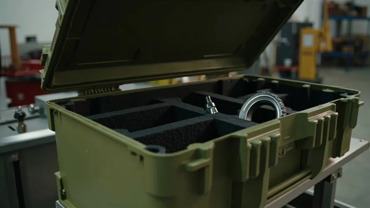 Open olive case with a bearing and metal ring set in foam