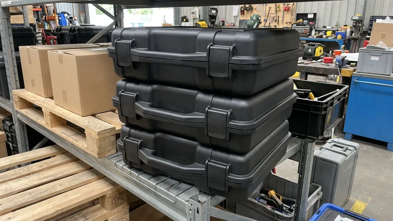 Three black cases stacked on a steel shelf beside a loaded pallet