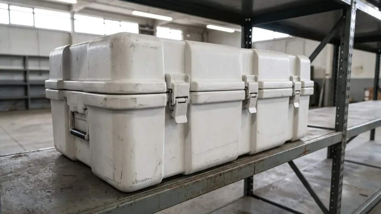 White case on a rack, grime settled along latches and corners