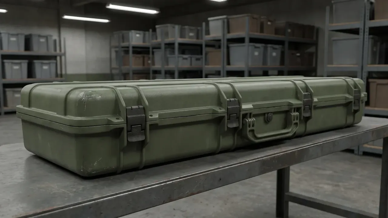 Rifle Case: olive green long case lying on a steel bench, four black draw latches along the front, three-tier shelving with grey totes behind