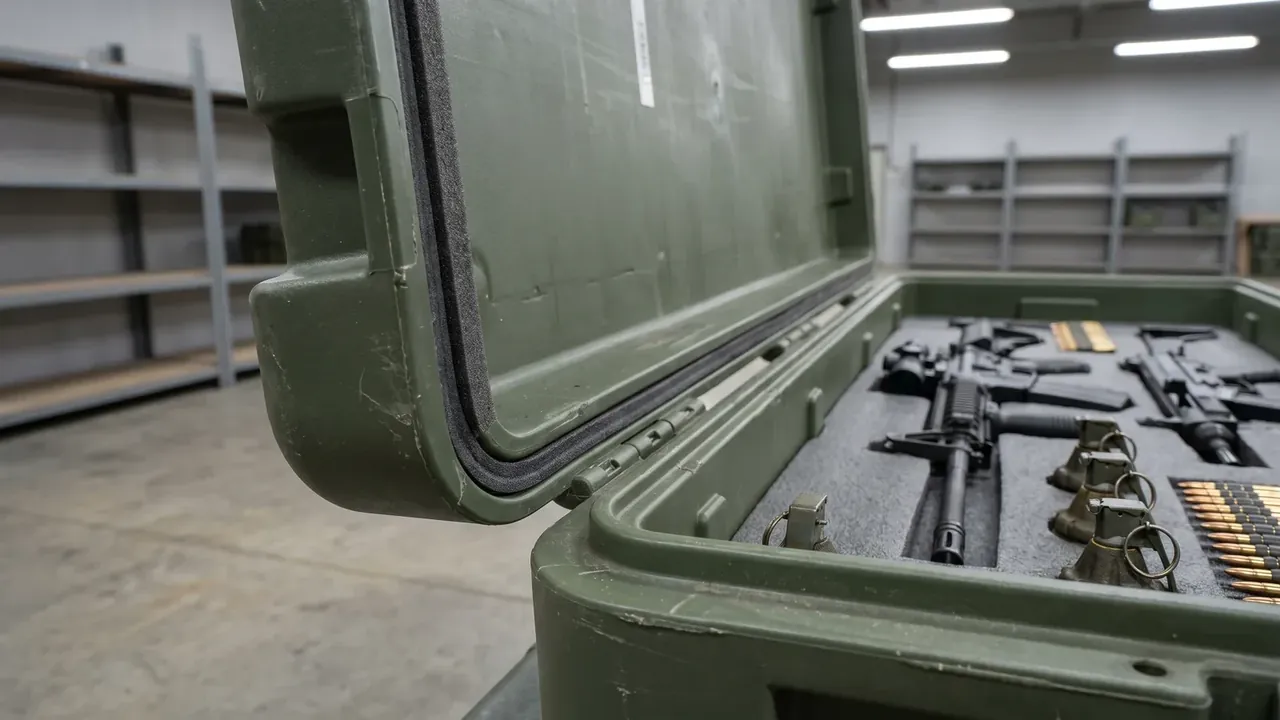 Rifle case: olive-green shell open, black gasket around the lid edge, grey foam inside with long cut-outs, grey steel racks behind