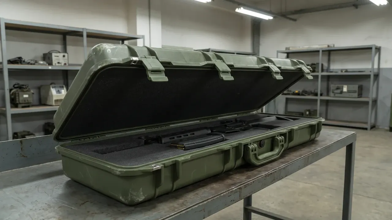 Rifle case: long olive-green shell open on a steel bench, black foam in the lid, foam cut-outs in the base, folding side handle
