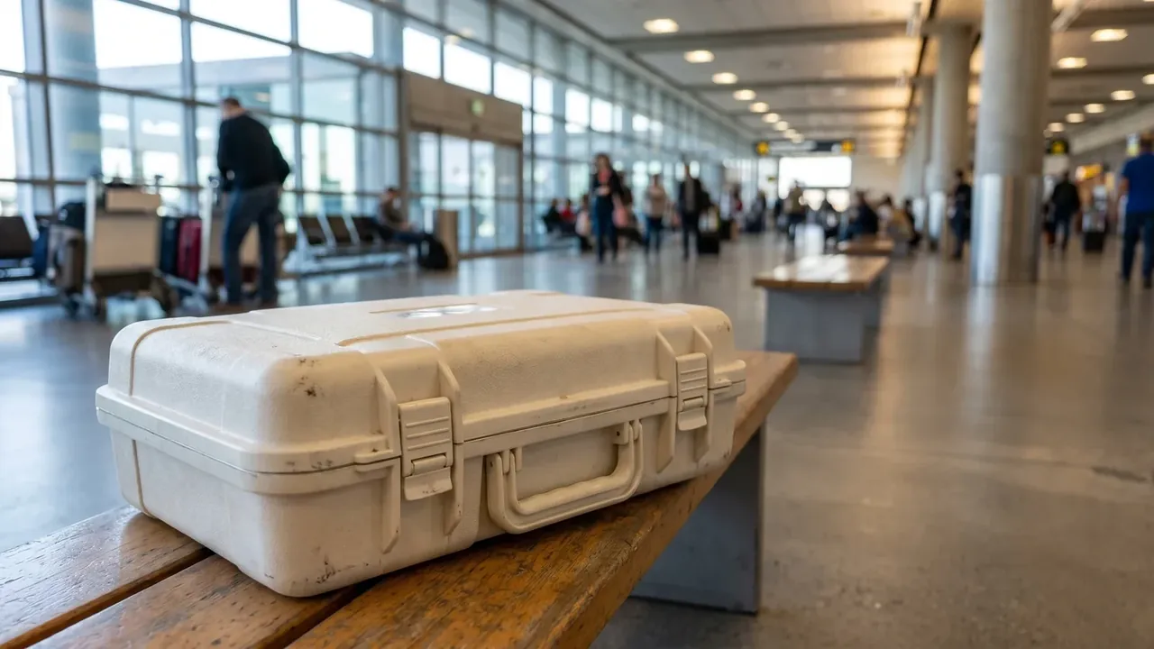 Rifle Case: an off-white case on a wooden bench in an airport concourse, scuffed lid corners, blurred passengers and a luggage trolley behind