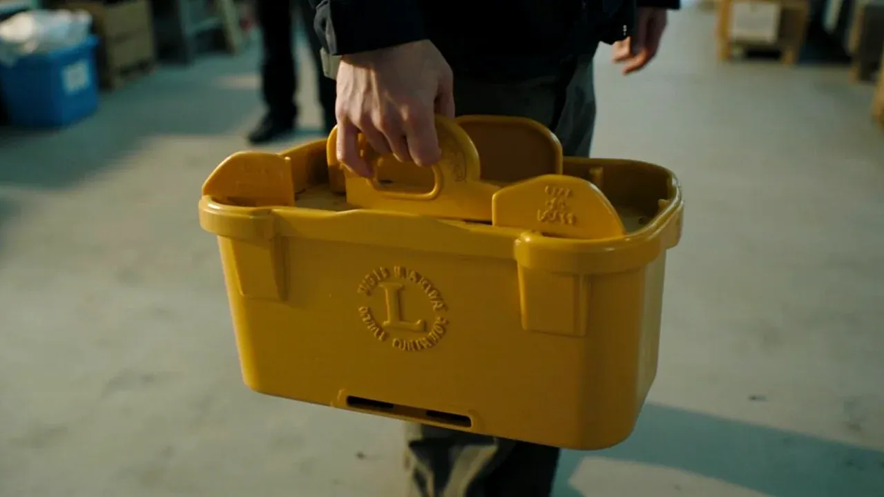 The long case carried by its side handle on a concrete floor, no people