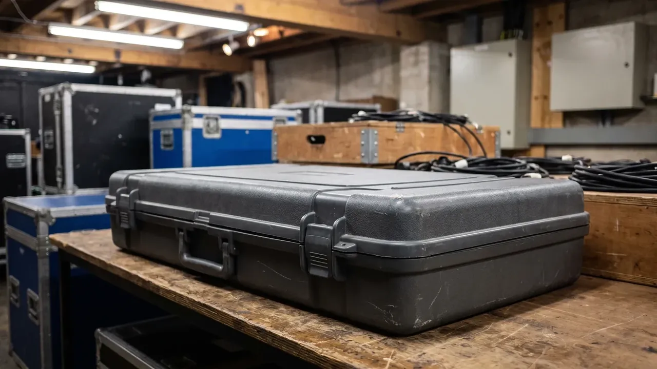 Road Case flat on a backstage bench, a black and a blue flight case plus a timber crate against the wall, cable drums on concrete