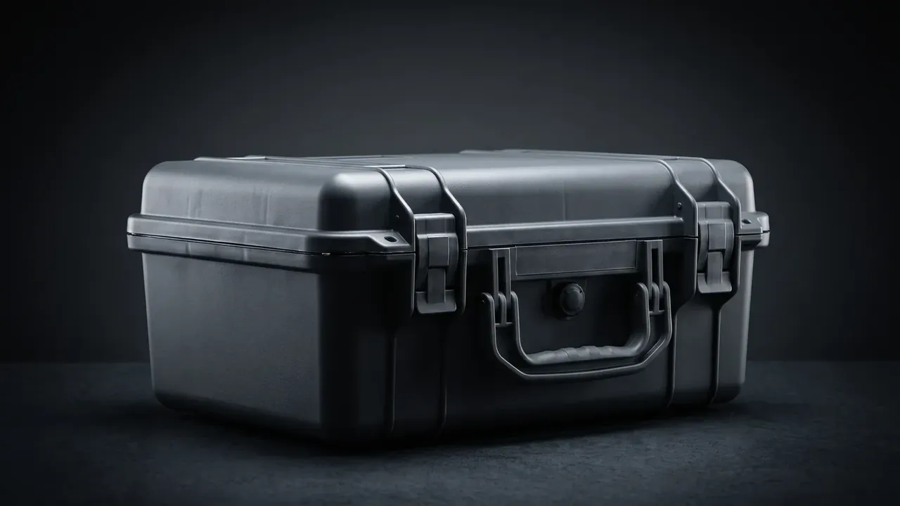 Road Case in black standing on its side, a continuous step along the lid edge, two latches closed, the handle folded flat