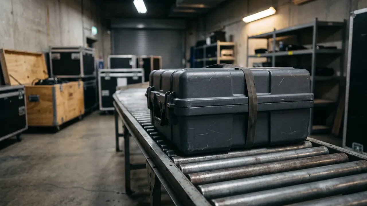 Road Case strapped across the middle with a webbing belt on a roller conveyor, timber crates and flight cases along both sides