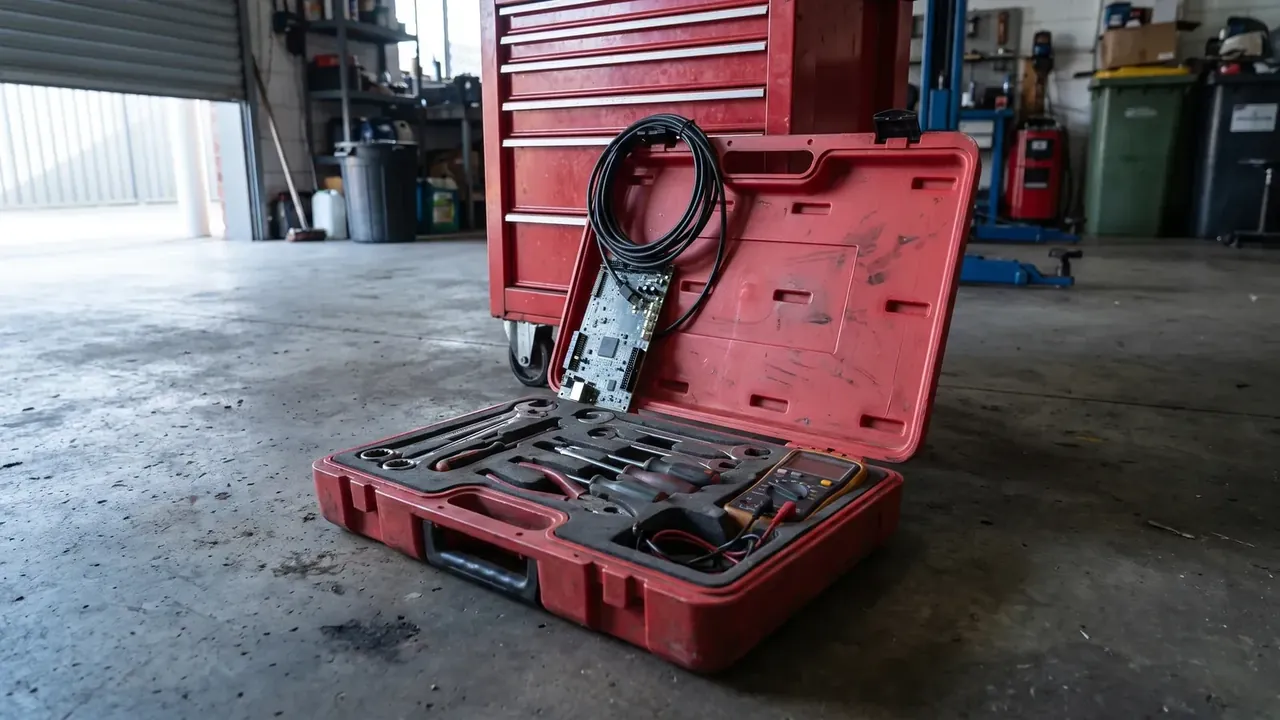 Rolling hard case with wheels: red case open on a concrete workshop floor, lid holding a coiled cable and circuit board, foam cutouts for wrenches