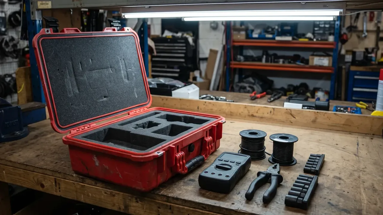 Rolling Tool Case: a red case open on a workbench, egg-crate foam in the lid, cut foam cavities below, meter and cable spools alongside