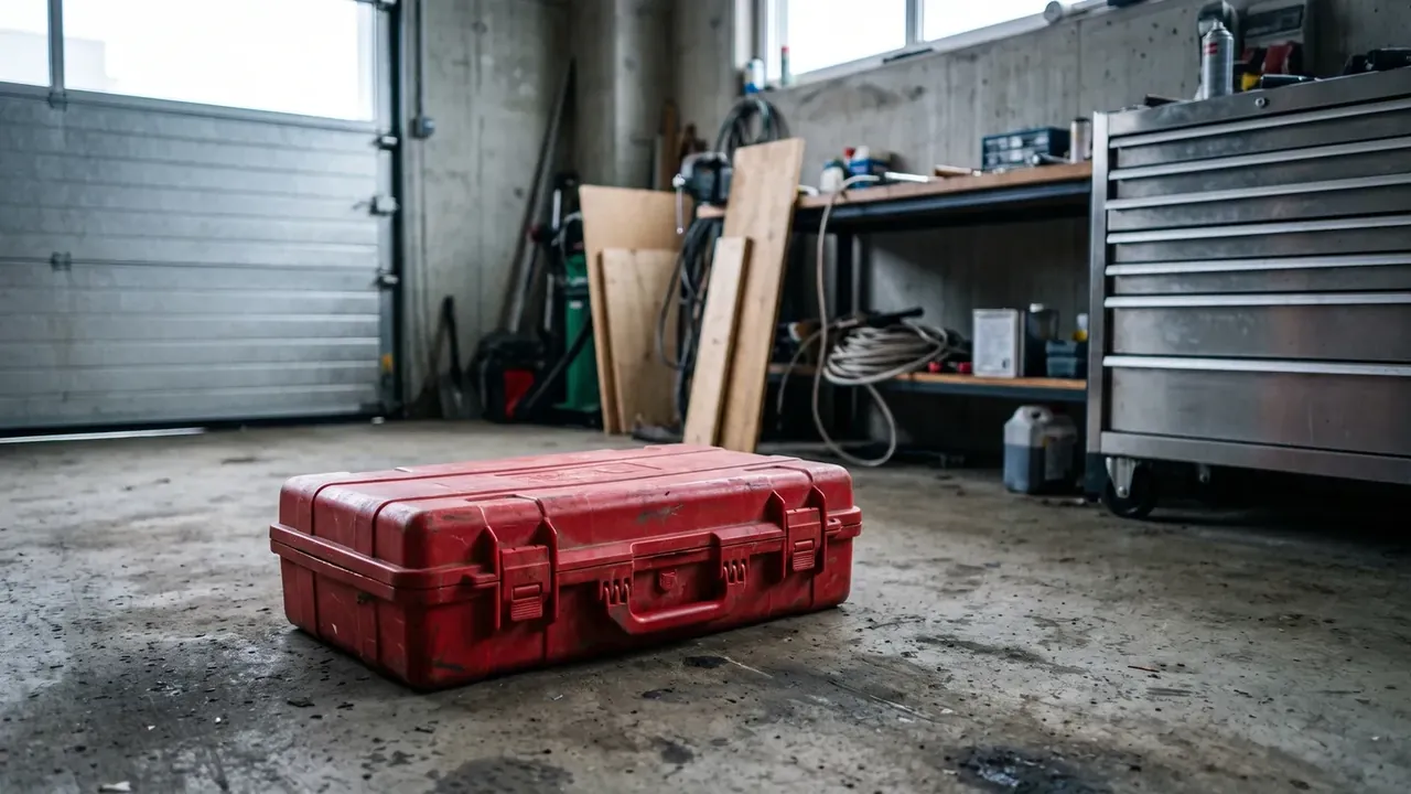Rolling Tool Case: a worn red case on oil-stained concrete, scratched and dented, two latches and a folding handle, workbench and steel drawers behind