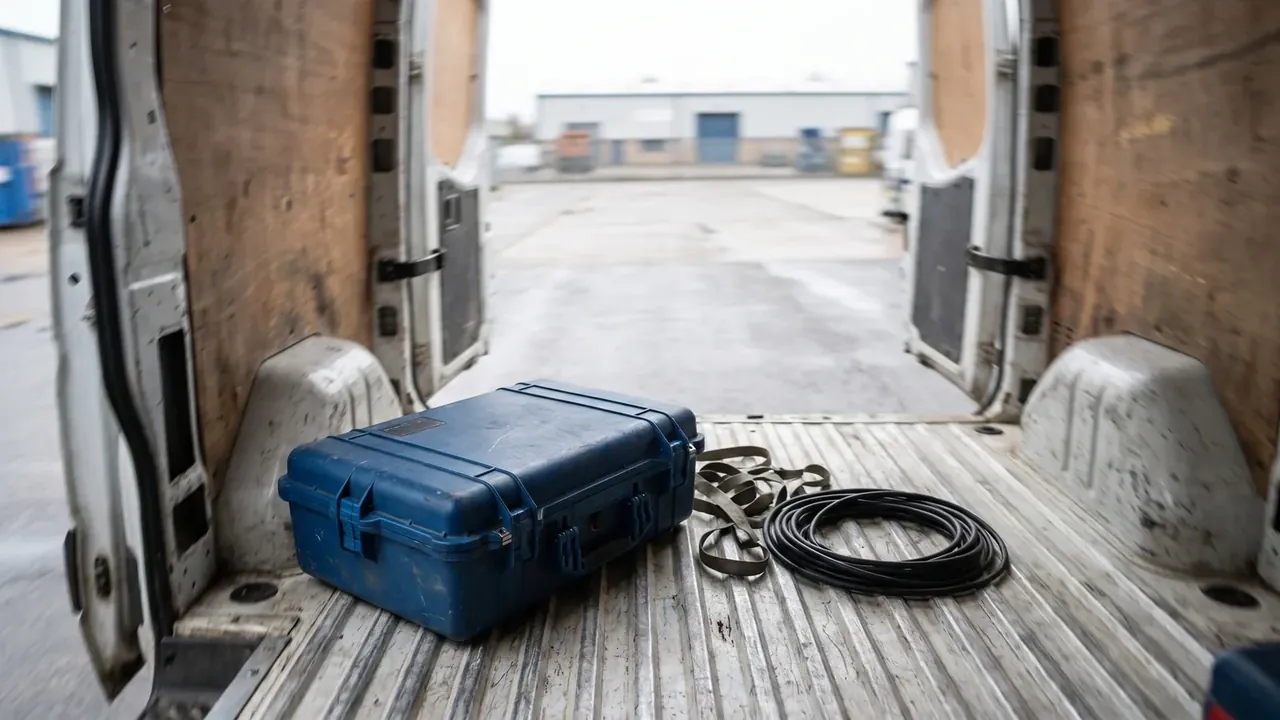 Rolling Tool Case: a worn blue case on the ribbed aluminium floor of a van, coiled black cable beside it, grey yard beyond the doors