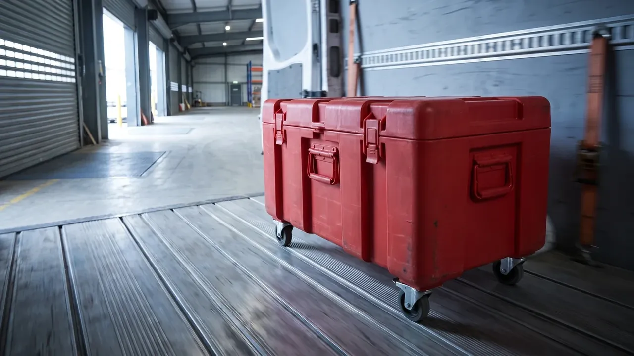 Rolling Tool Case: a red case standing in a plant, four steel castors beneath, grid ribs on the lower body, two latches, an orange strap