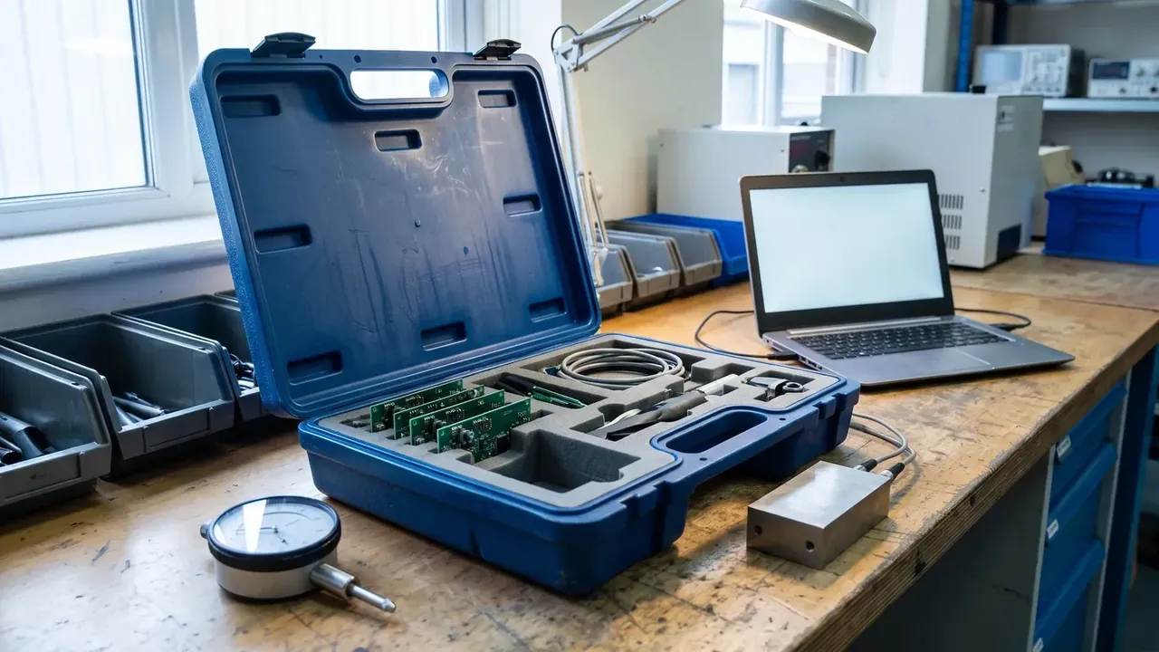 Rolling Tool Case: a blue case open on a wooden bench, grey foam bays holding green circuit boards and coiled cable, a dial gauge nearby