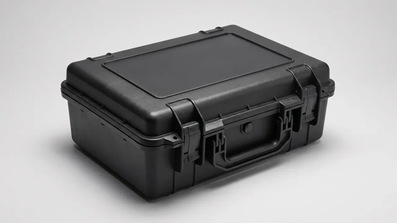 Rotomolded case: a black closed case on a pale background, two large black draw latches, a folding handle at front, one round valve beside it