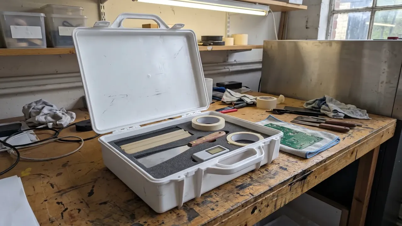 Rotomolded case: white shell open on a workbench with grey foam, a tape roll and two wooden-handled tools, bins behind