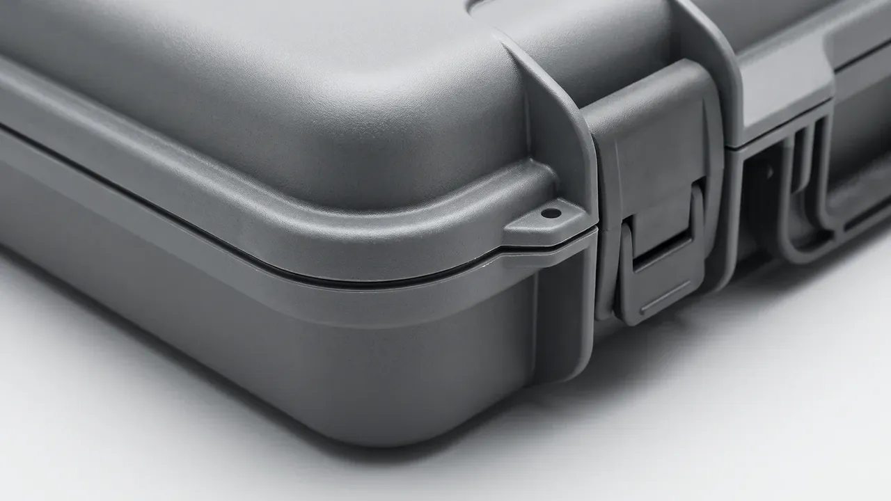 Rotomolded plastic case manufacturer: view of a grey case corner, lid seam and reinforcement ribs sharp, one wide latch plus a second latch at right