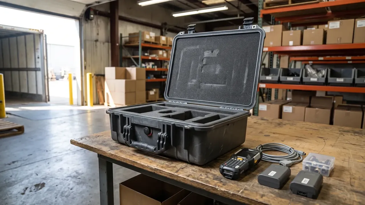 Rugged plastic storage case OEM: black case open on a timber bench, compartment foam inside, a scanner, batteries and cable beside it, orange racks behind