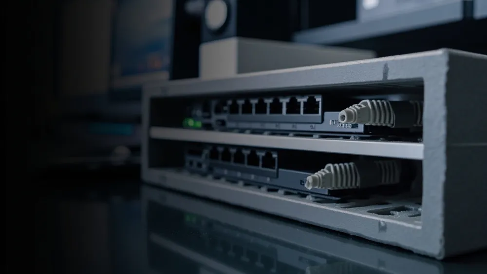 Network switch in a foam cavity with cable channels Network switch in a foam cavity with cable channels