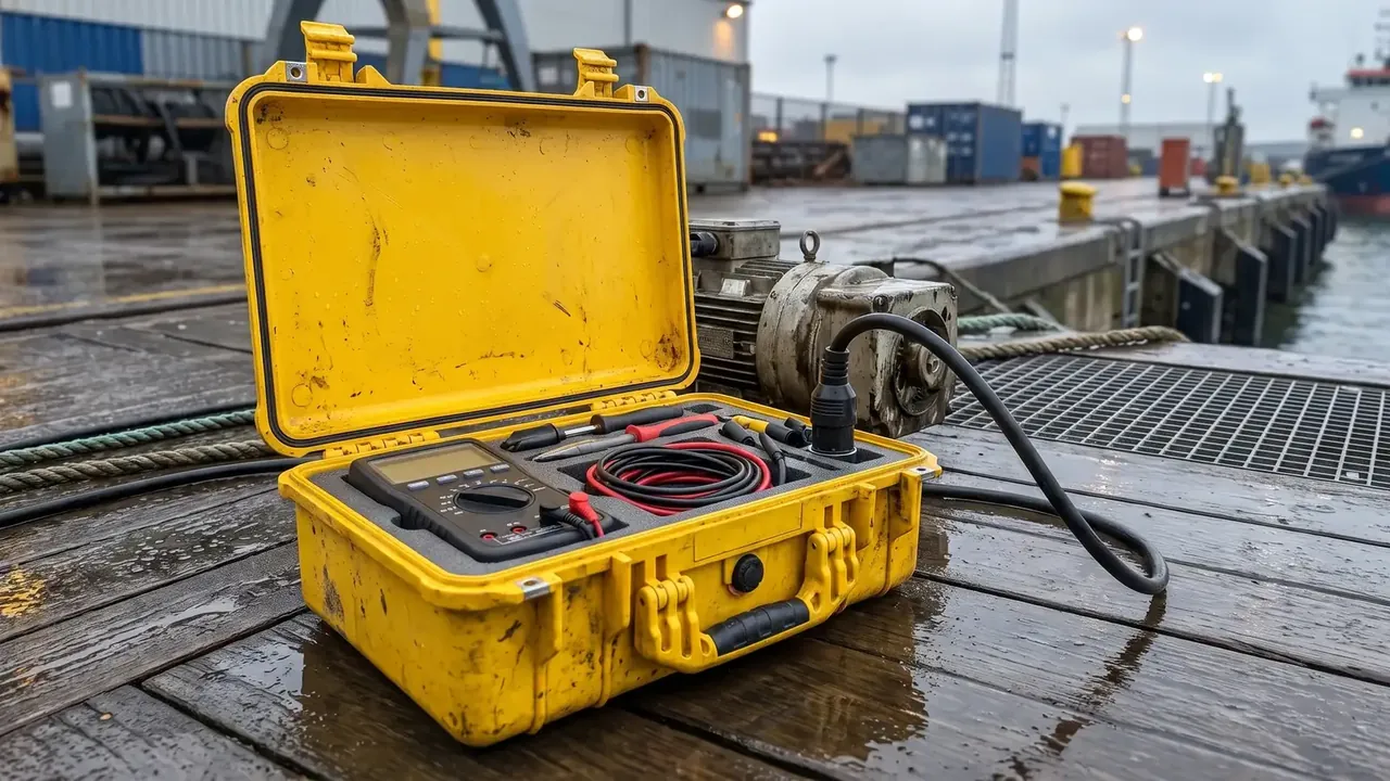 Shipping Case: open yellow case on wet dock planks, foam holding a multimeter and test leads, a grey motor beside it