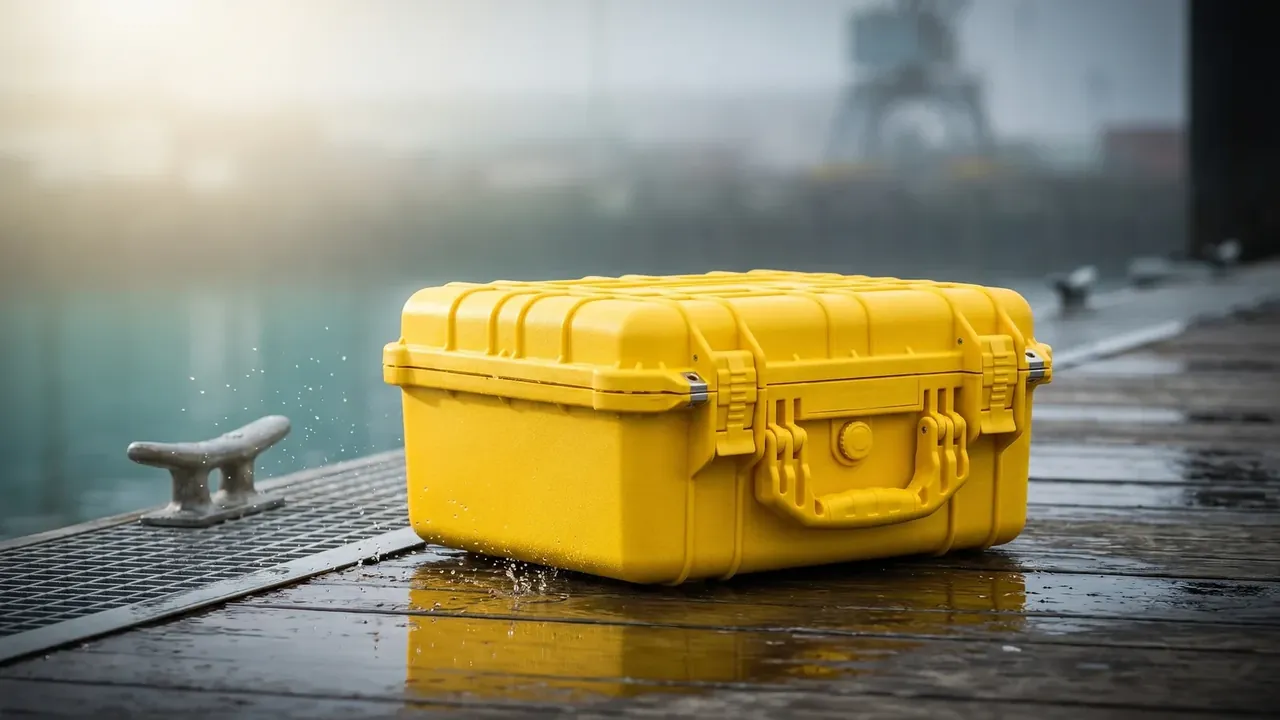 Shipping Case: closed yellow case on a rain-soaked boardwalk, spray beside it, a steel bollard and a barge in the mist