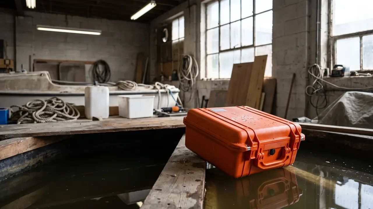 Shipping Case: closed orange case on a plank above a water tank, workshop behind with coiled rope, a white jerrycan and leaning boards