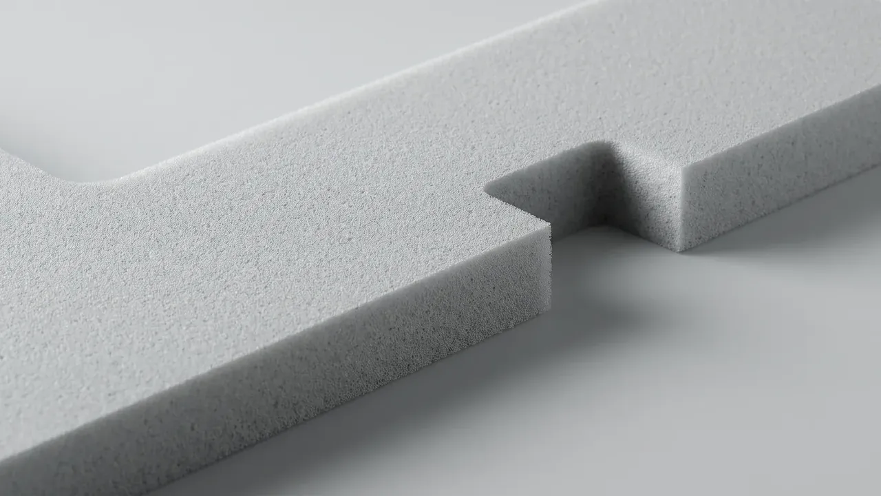Grey foam block with a stepped notch where two pieces meet