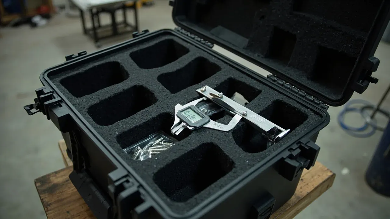 Foam-cut compartments holding a digital caliper and a bag of bolts