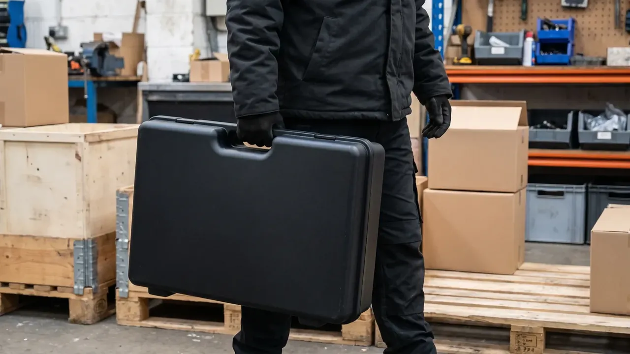 Gloved worker carrying a single black case past pallets and cartons