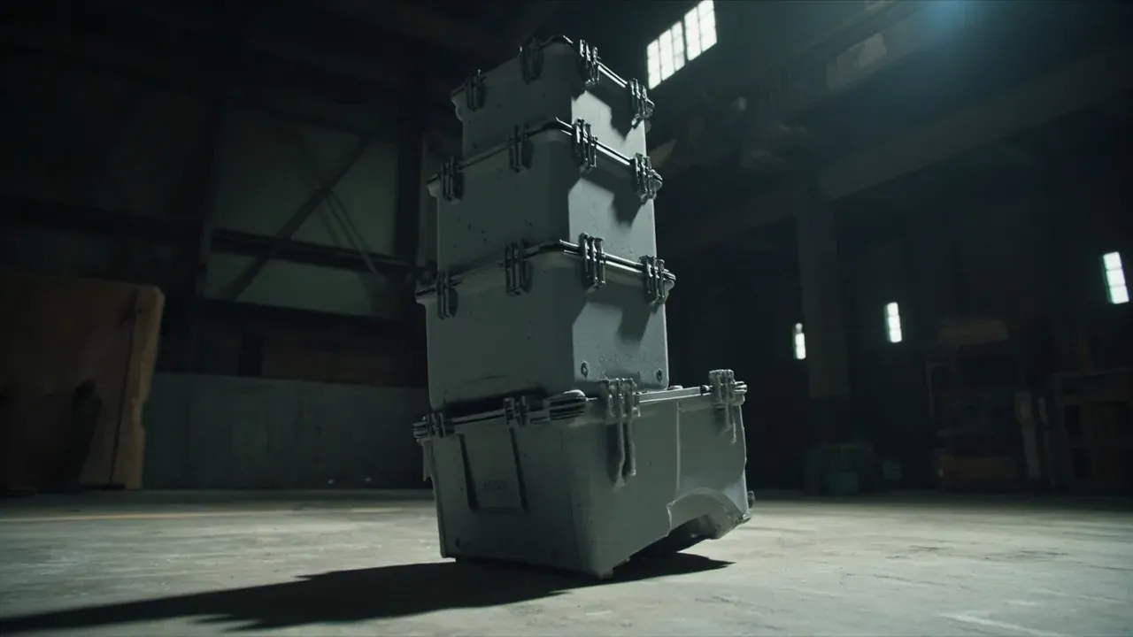 Four grey cases stacked, the bottom case buckling at the corner, the whole stack leaning