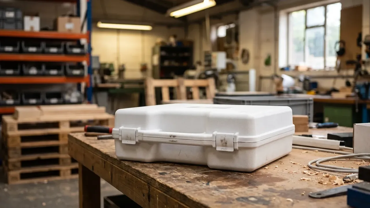 Shipping Case: closed white case on a wooden bench, folding handle held by two latches, sawdust and tools on top, orange racking behind