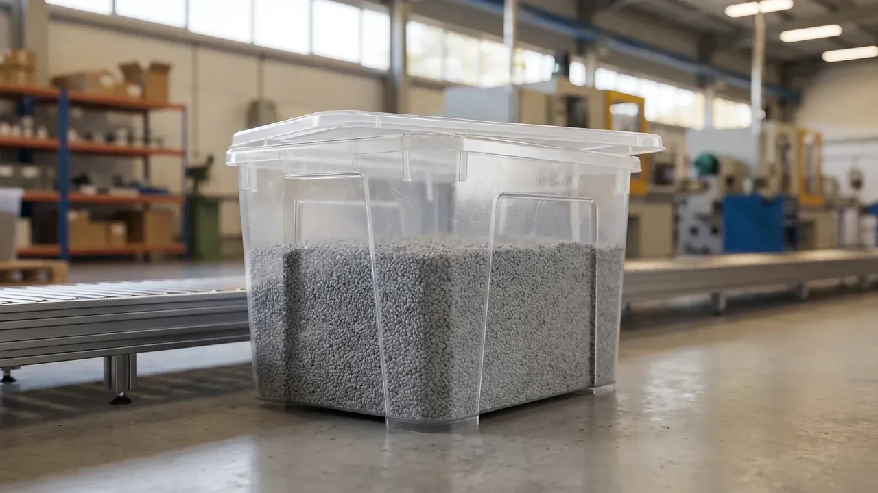 Shipping Case: transparent tote of grey pellets on a workshop floor, lid closed, side ribs visible through the granules, conveyor at left