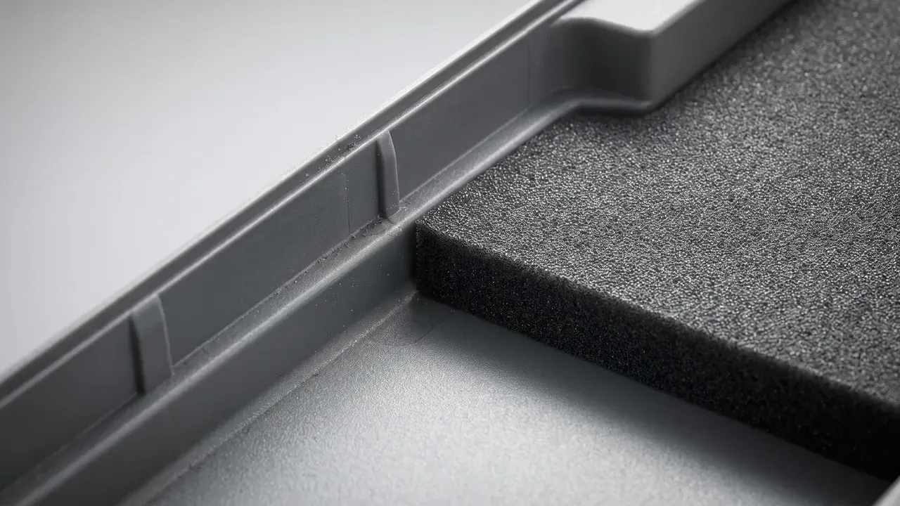 Close-up of a black case corner, foam pressed to the ribbed wall