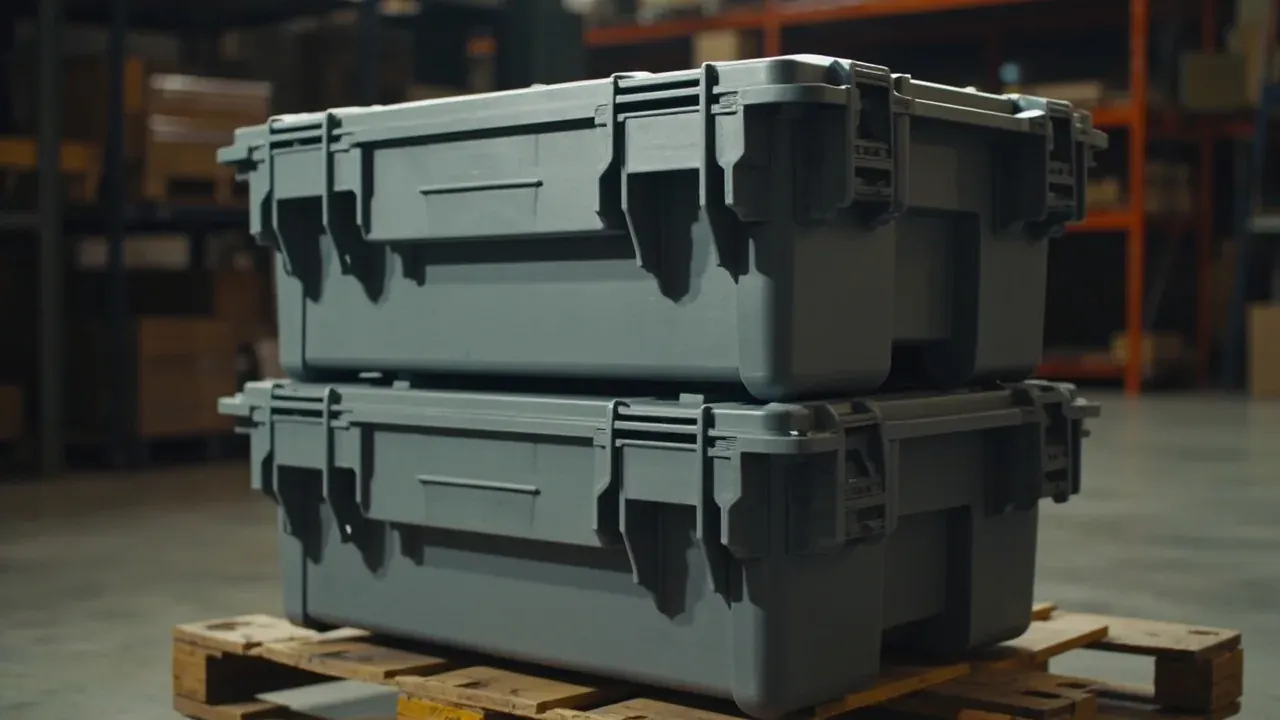 Two grey cases stacked on a timber pallet, upper base bosses dropping into the lower lid recesses