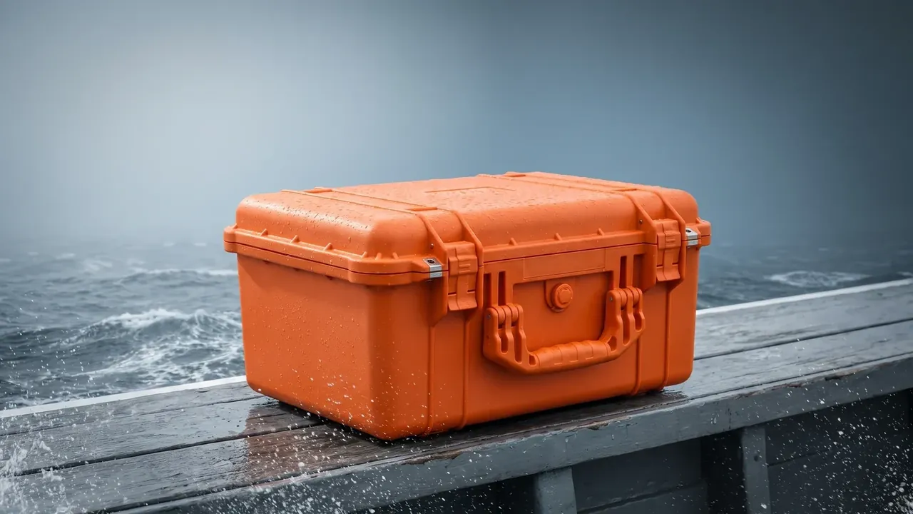 Shipping Case: a closed orange case on a wet timber dock, ribbed lid, two front latches, folding handle, round side valve, sea spray behind