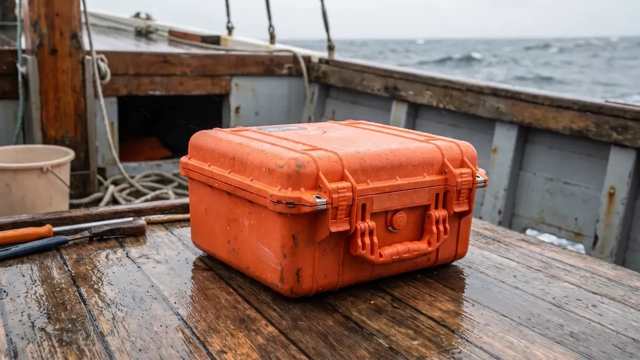 Shipping Case: a scuffed orange case on a fishing boat deck, two front latches, folding handle, hammer and pail to the left, grey sea behind