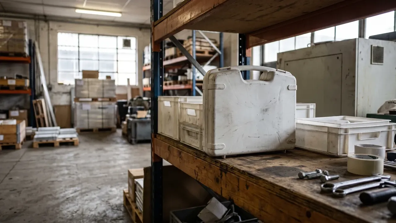 Shipping Case: a worn white case on a timber pallet rack, black scuff marks, white plastic crates behind, bolts and tape on the bench