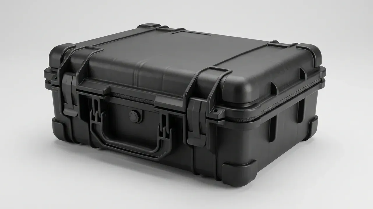 Shockproof case in black, three-quarter view, one rib along the lid centre, two latches pressing the joint, a grey gasket line showing