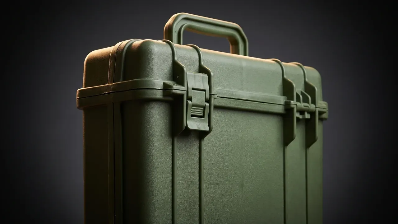 Shockproof case standing upright in close-up, square handle raised, four vertical ribs from lid to body, fine grain texture
