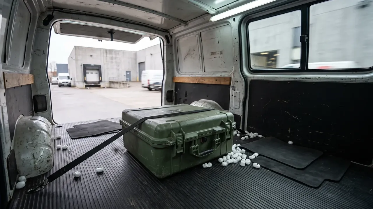 Shockproof case inside a van, a black strap across the lid toward a floor ring, ribbed rubber mat, white foam blocks around