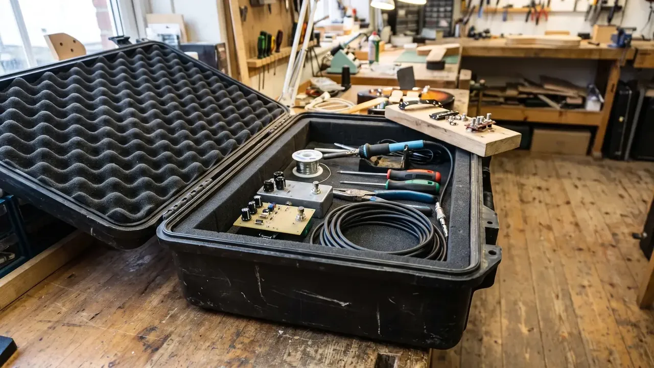 Shockproof plastic instrument case: black shell open on a woodworking bench, egg-crate foam in the lid, knob board, pliers, screwdrivers and a coiled cable inside
