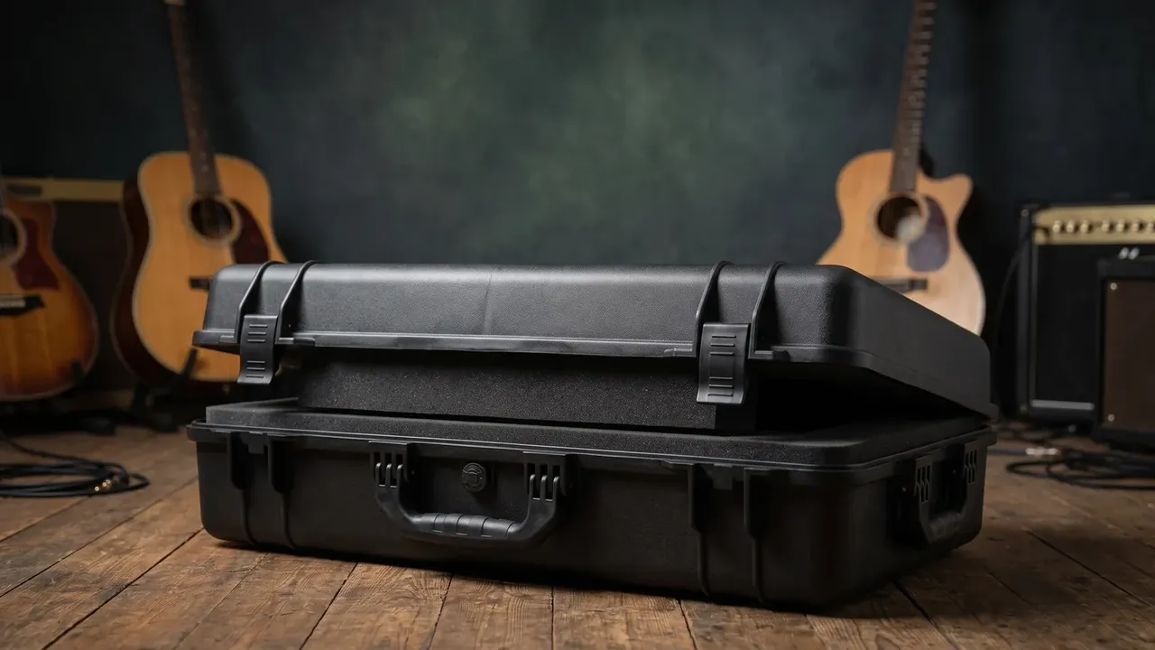 Shockproof plastic instrument case: black shell on an old timber floor, lid ajar, two latches and a moulded handle, two acoustic guitars behind