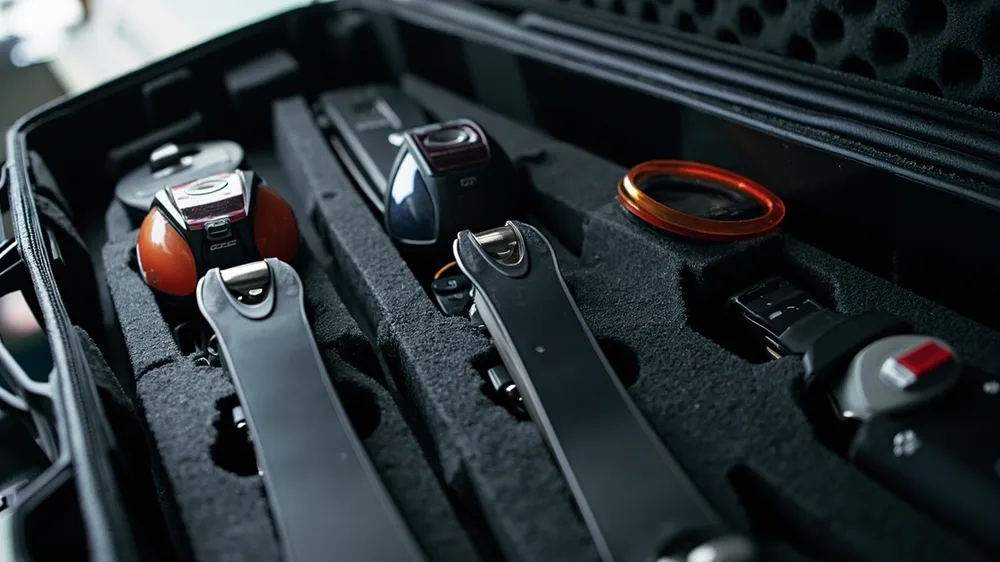 Foam compartments for goggles, an avalanche beacon and a binding in a ski case