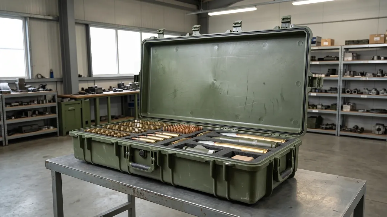 Custom small-arms ammunition packing case used in the Cushioning, Stacking and Palletized Loading stage for small arms ammunition box