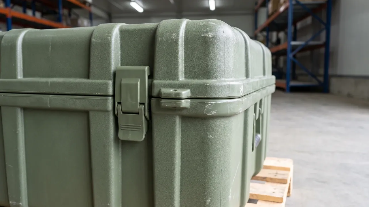 Custom small-arms ammunition packing case used in the RFID and Barcodes: Unit-Level Traceability stage for small arms ammunition box