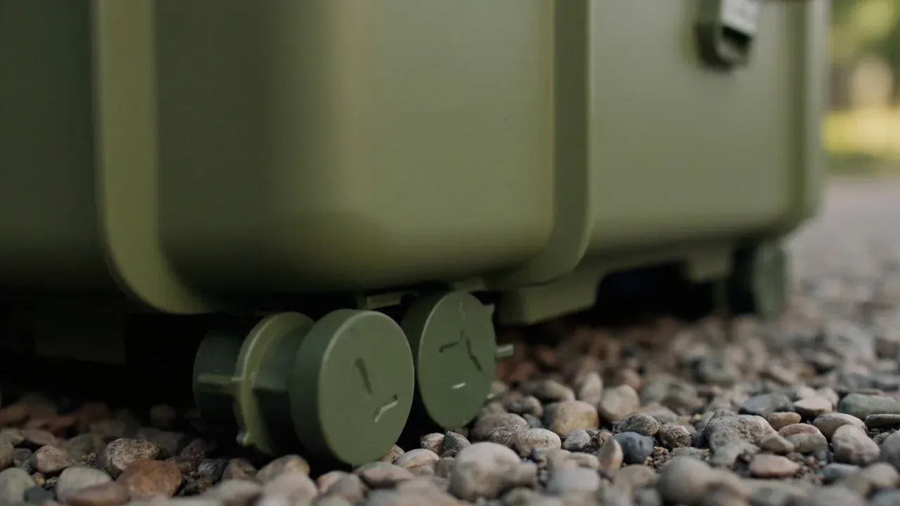 Close-up of the case feet resting on gravel