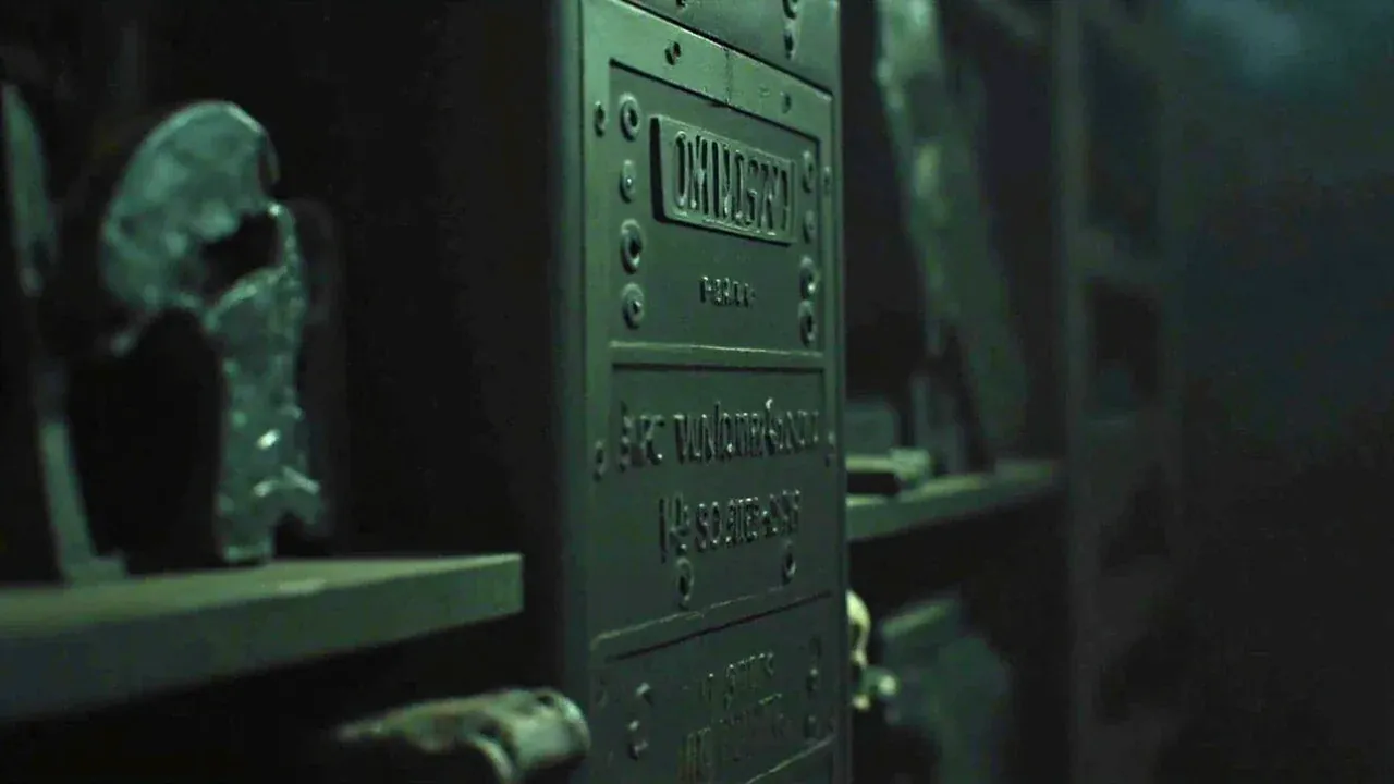 The case upright in an armoury rack among other long cases